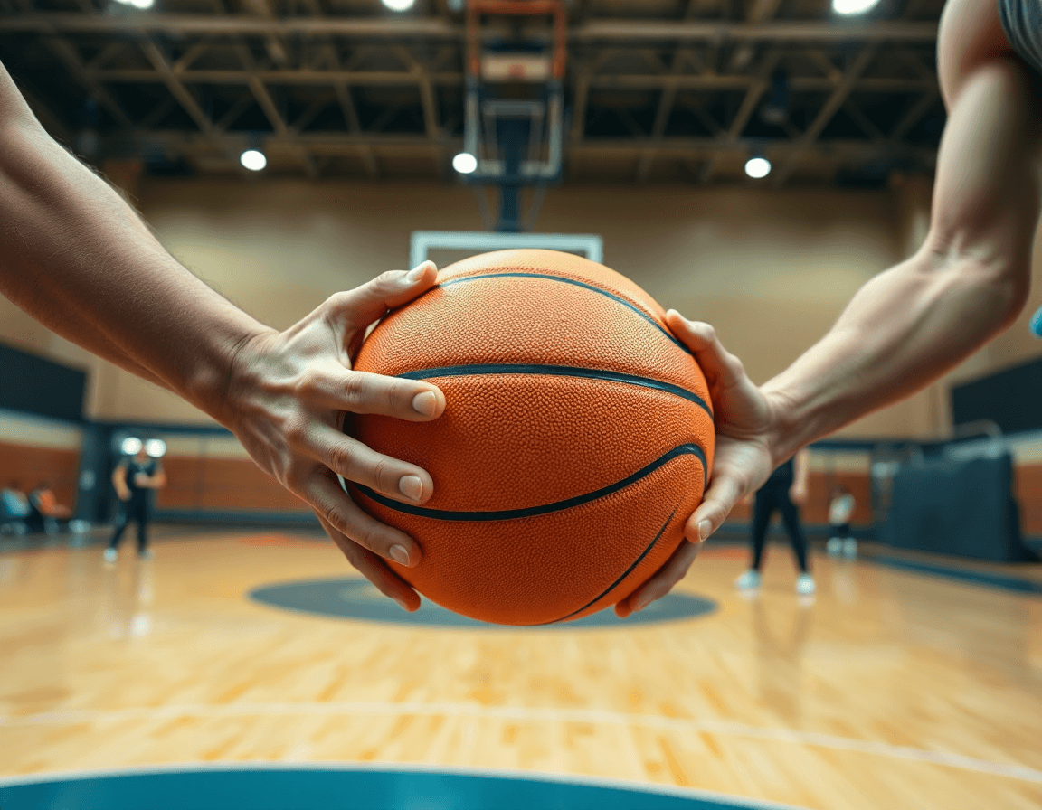 Primo piano sulle mani e la palla arancione durante esercizi riscaldamento basket.