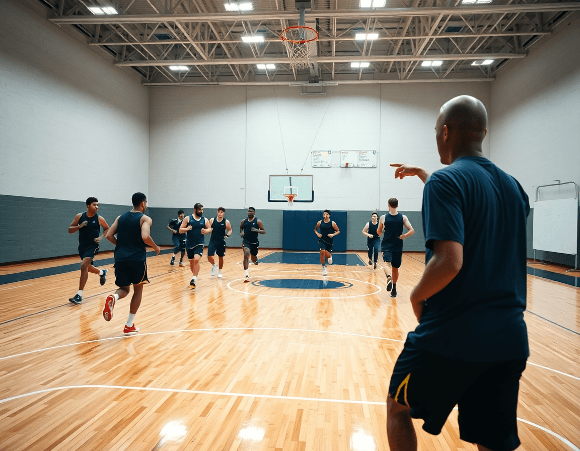 Scena ampia con giocatori che corrono un circuito di esercizi riscaldamento basket su un campo da basket, coach.