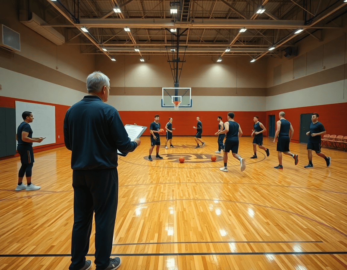 Scena ampia di riscaldamento basket: allenatore guida gli esercizi riscaldamento basket sul campo.