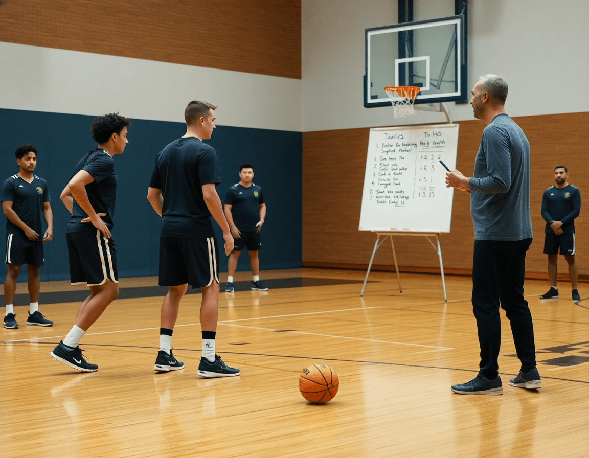 Due giocatori eseguono drill senza palla sul legno mentre l'allenatore annota dettagli sul riscaldamento basket senza palla.