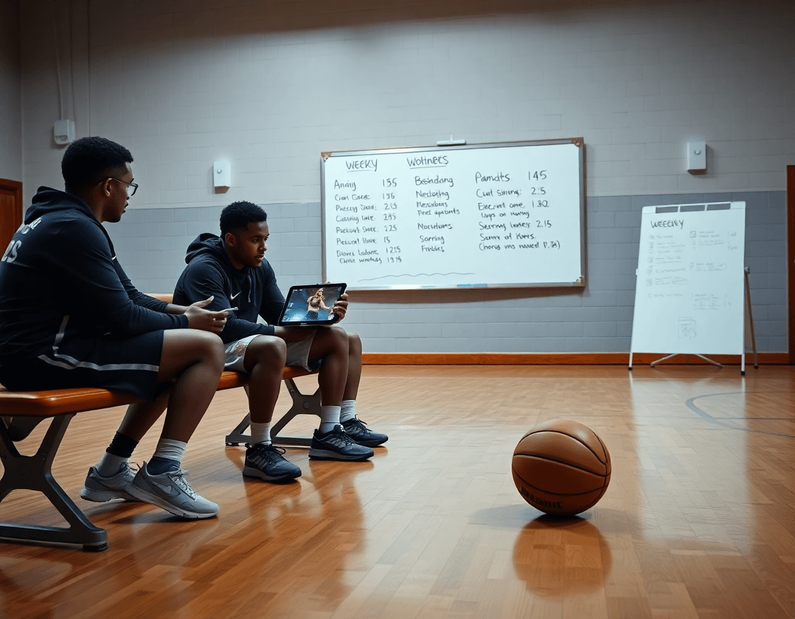 Allenatore mostra clip su tablet per il riscaldamento basket senza palla e la tattica.