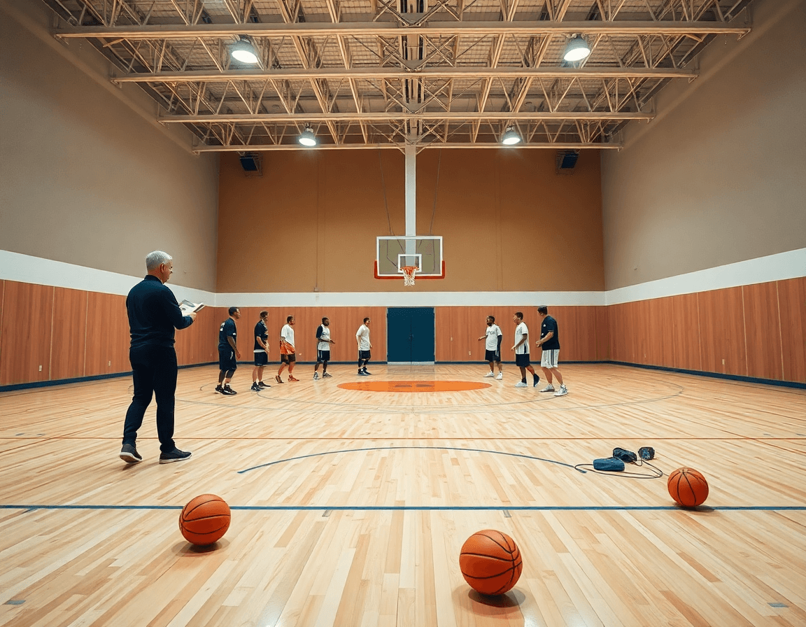 Scena ampia in una palestra di basket: allenatore e squadra impegnati nel riscaldamento basket senza palla.