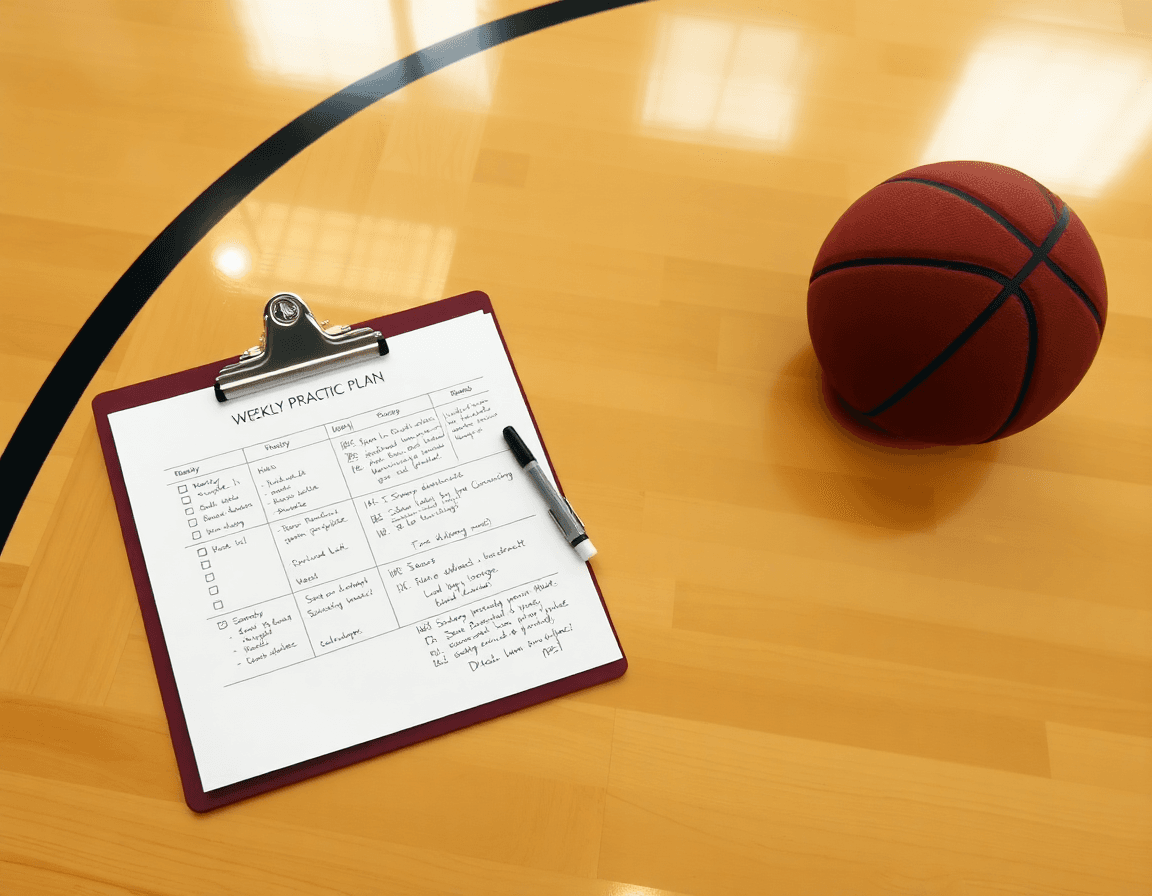 Coach's weekly practice plan on a clipboard