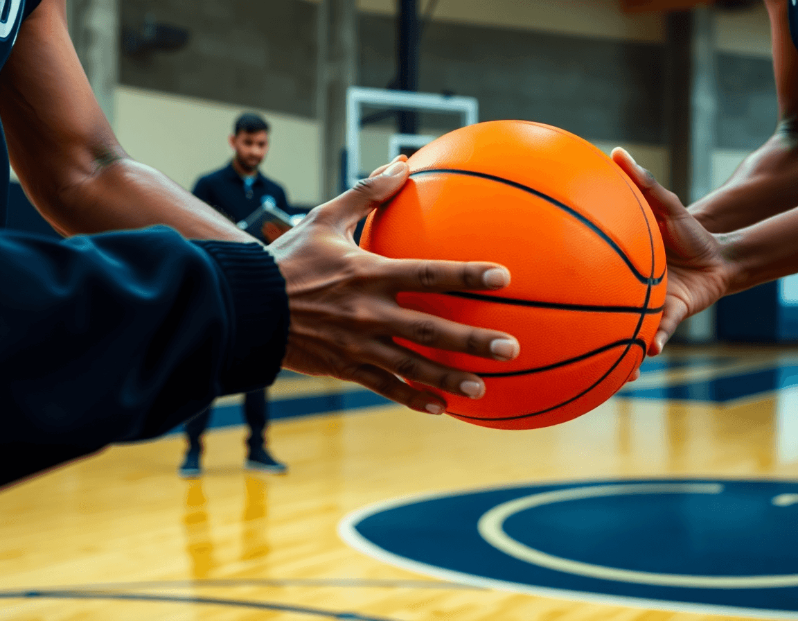 Ruolo migliore basket: primo piano sui piedi, la palla, e l'allenatore che osserva dal bordo.
