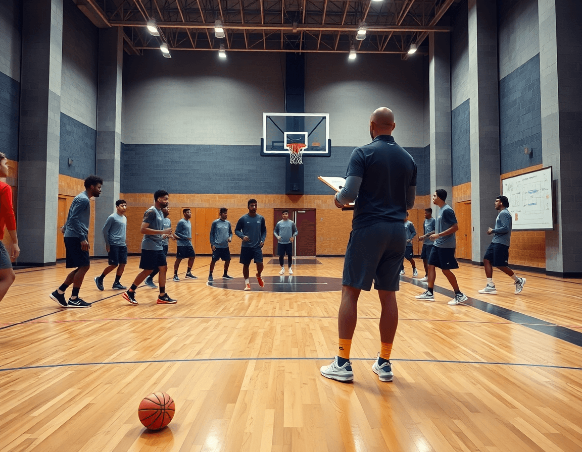 Ruolo migliore basket: l'allenatore guida la squadra durante l'allenamento sul parquet di basket.