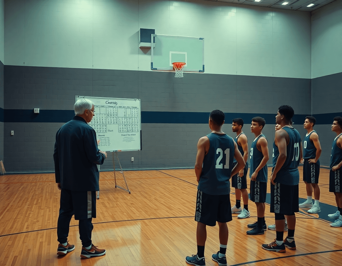 Allenatore pianifica piano settimanale di allenamento sul tabellone, schema allenamento basket ben visibile.