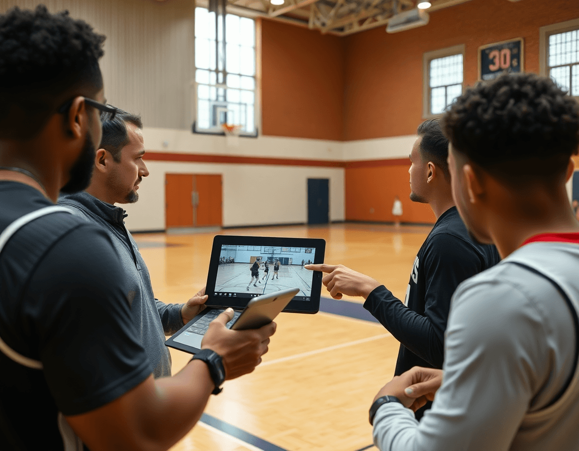Allenatore e giocatori guardano clip video di basketball su tablet, scouting e analisi tattica.