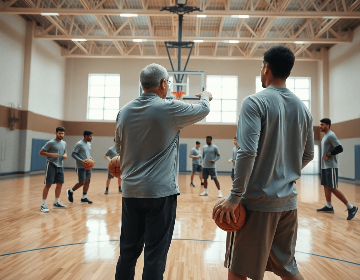 Scena ampia di palestra di basket con coach e squadra in allenamento, schema allenamento basket in primo piano.
