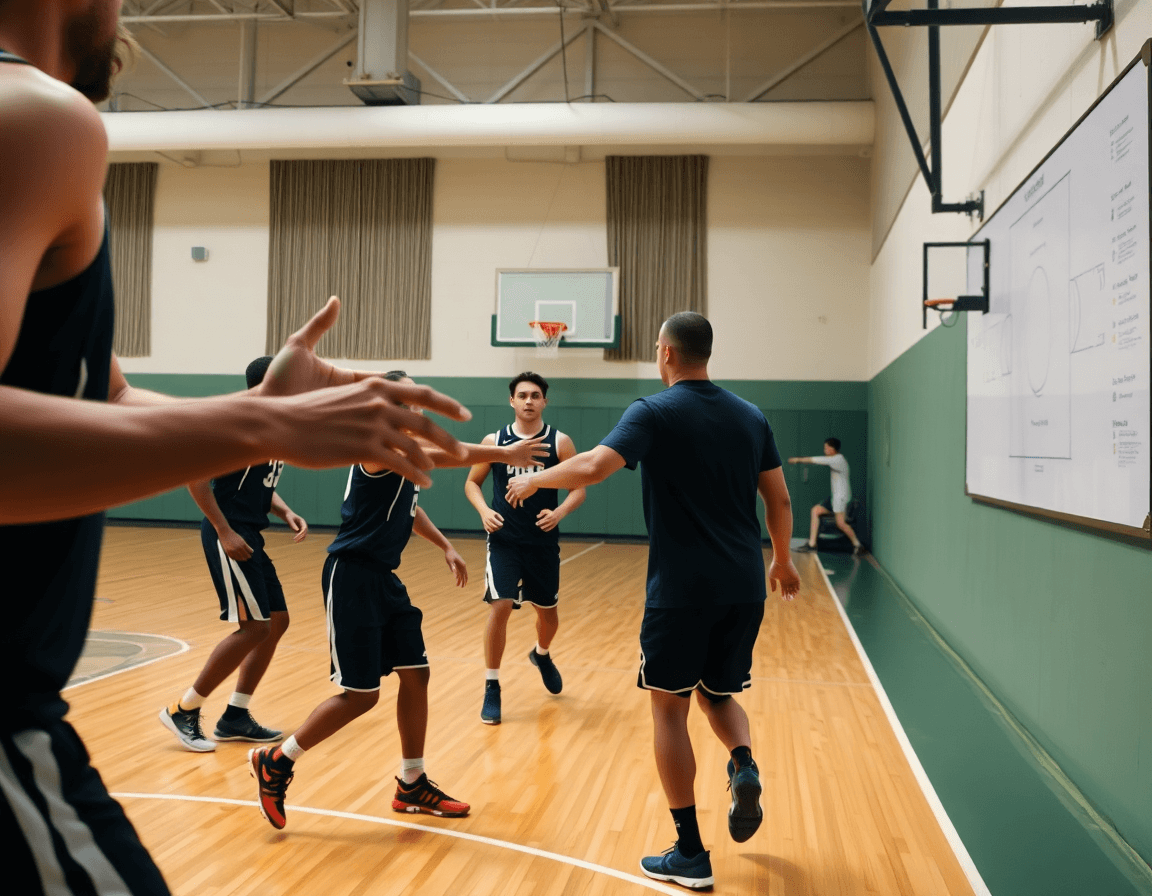 Primo piano sulle mani dei giocatori che eseguono tagli e passaggi in uno schema attacco basket contro zona.