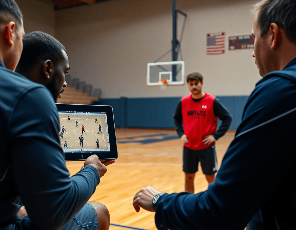 Dettaglio su una clip di schema attacco basket contro zona visionata sul tablet durante l'analisi.