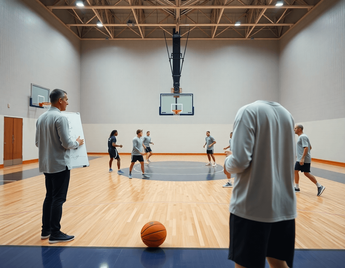 Scena ampia in palestra: l'allenatore guida lo schema attacco basket contro zona davanti a una squadra.