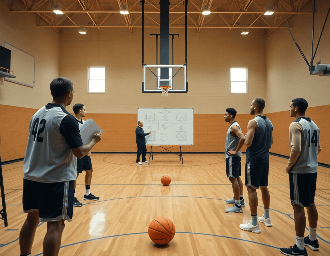 Scena ampia di basketball in palestra: coach mostra schema attacco basket su una whiteboard.