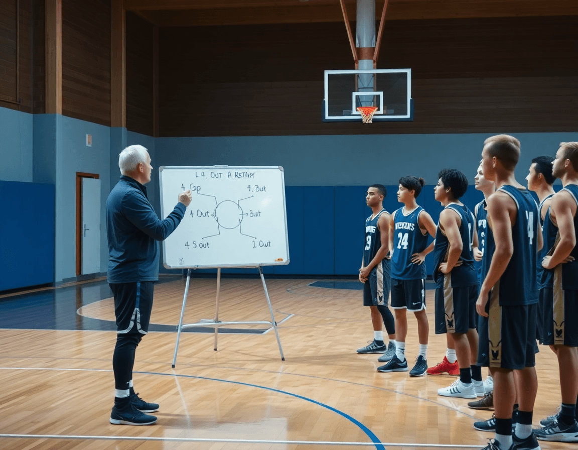 Allenatore spiega lo schema basket 4 fuori 1 dentro ai giovani giocatori davanti a una lavagna tattica.