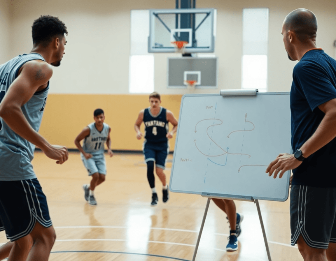 Primo piano: quattro giocatori in posizioni 4 fuori 1 dentro, mentre il coach indica lo schema basket.