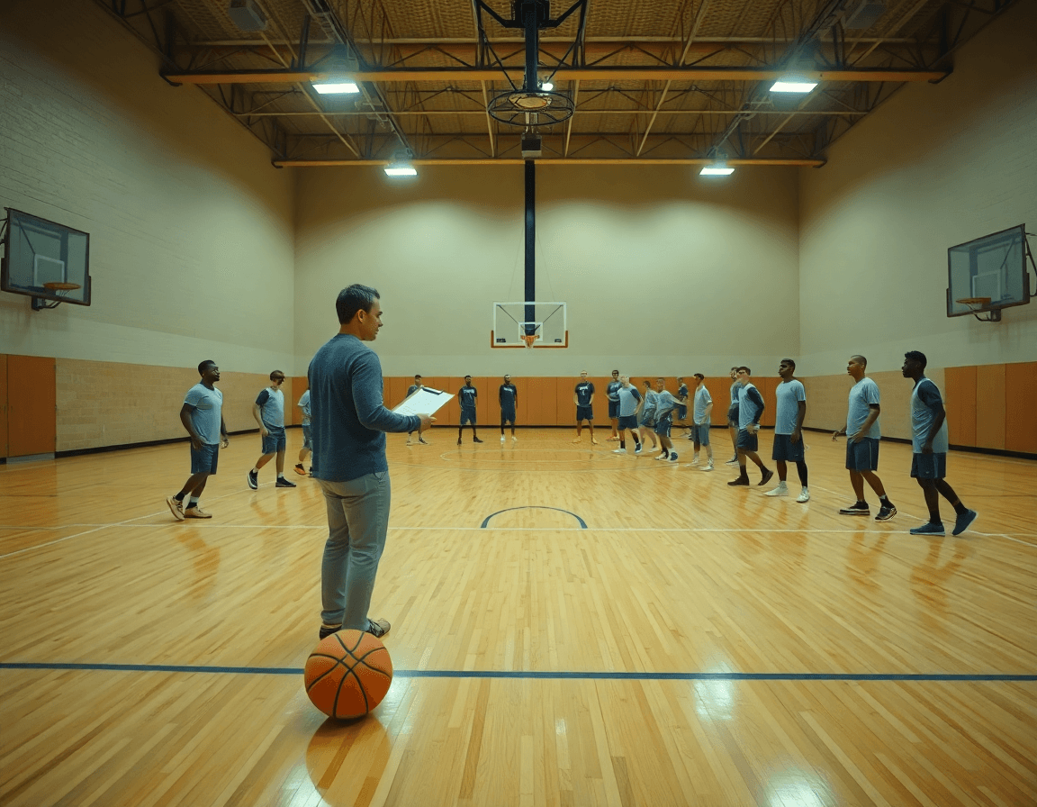 Scena ampia in palestra di basket con coach e squadra che pratica schema basket 4 fuori 1 dentro.