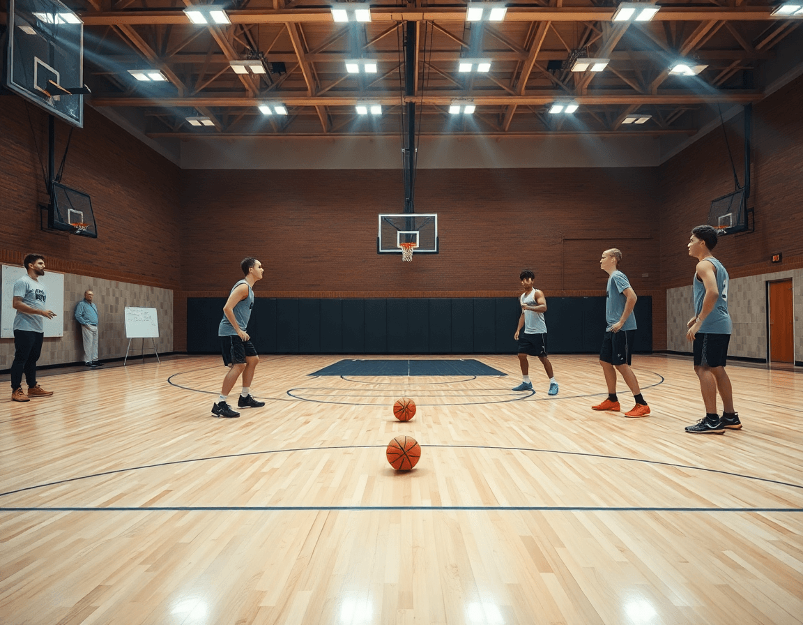 Allenamento schema basket 5 fuori: coach mostra Circle Motion sul whiteboard mentre la squadra corre.