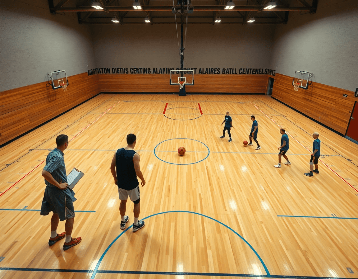 Scena di squadra al completo: cinque giocatori in campo esterno, schema basket 5 fuori.