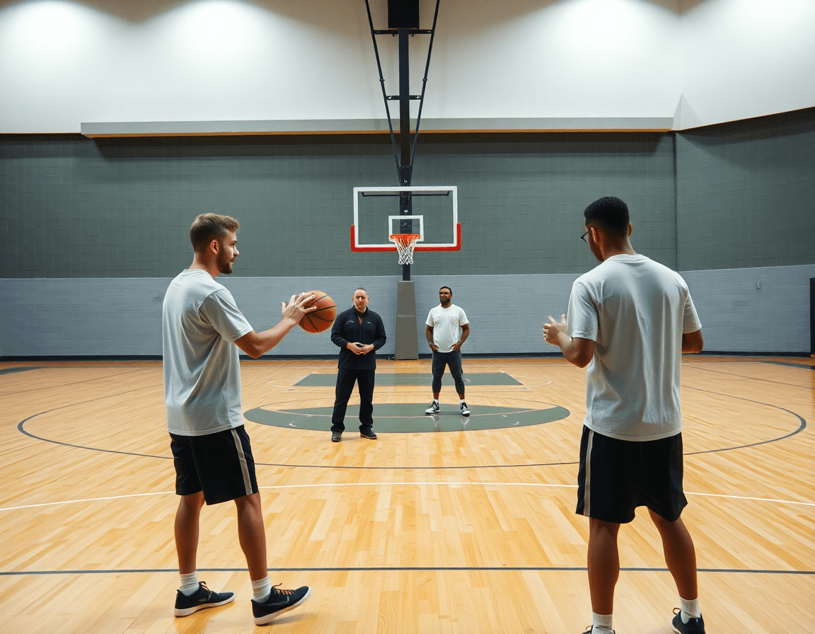 Dettaglio d'azione: due giocatori in canotte semplici si allenano mentre l'allenatore indica lo schema basket.