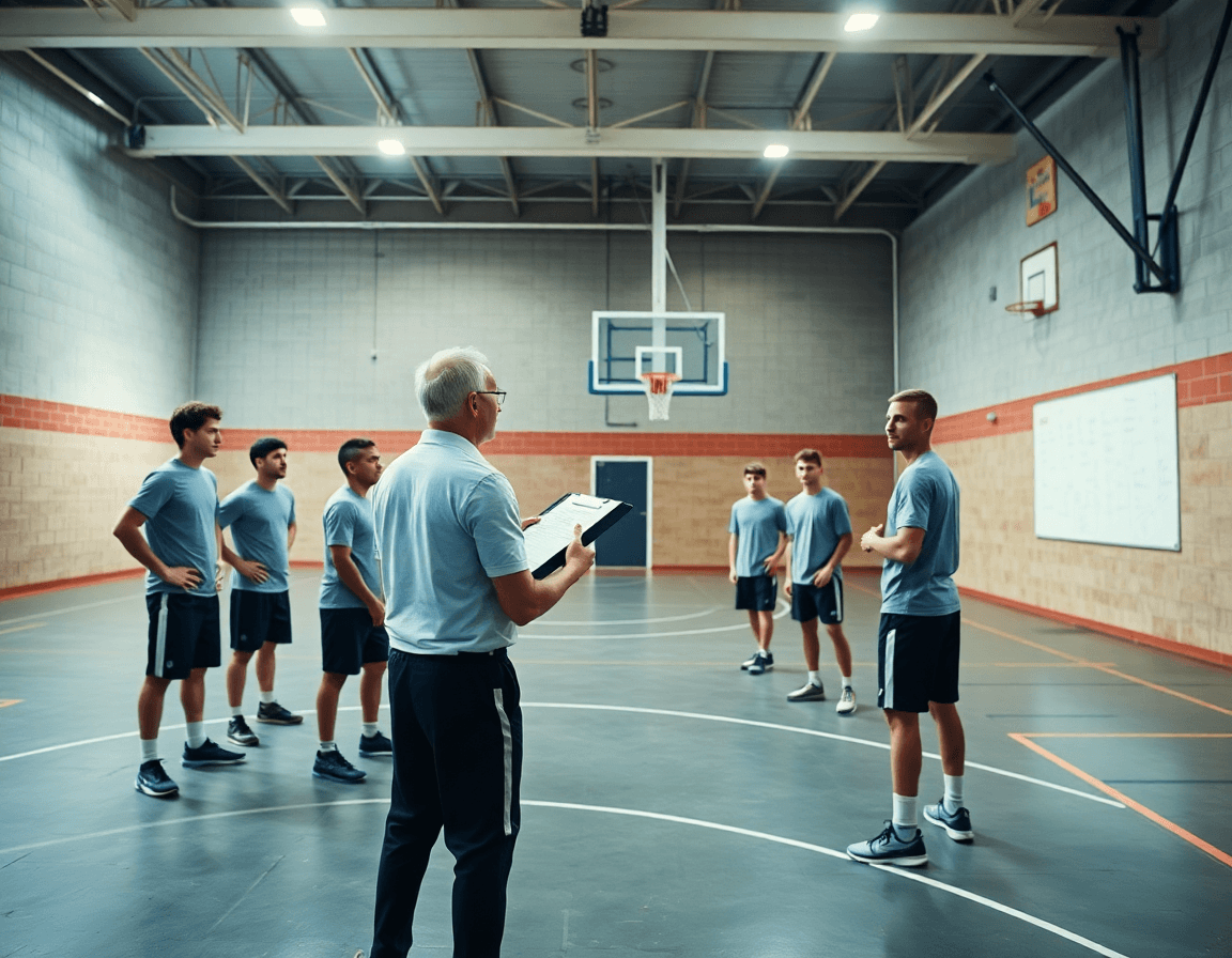Scena ampia in palestra di basket, coach con clipboard guida la squadra durante l'allenamento.
