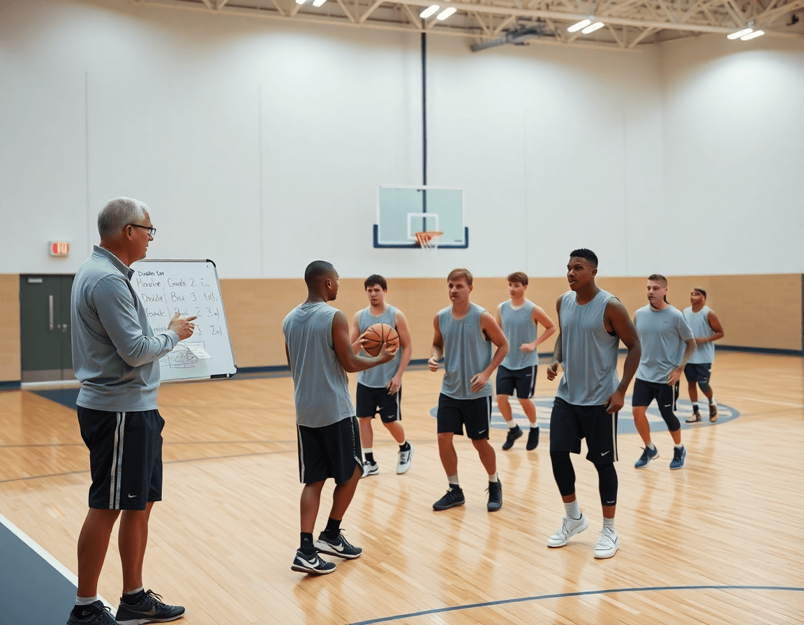 Scena ampia di basket: coach e squadra praticano lo schema basket doppia uscita in palestra.