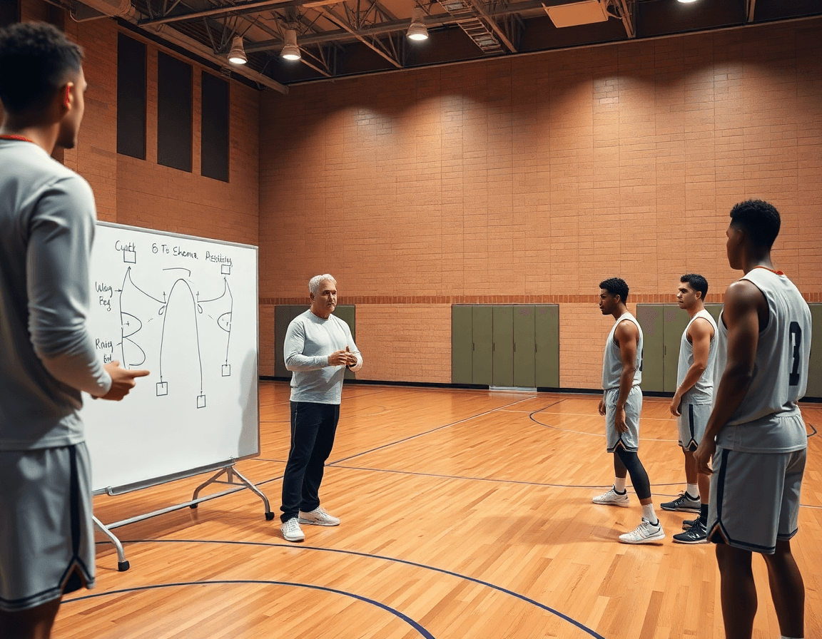 Un coach spiega lo schema basket flex a una squadra di basket durante l'allenamento