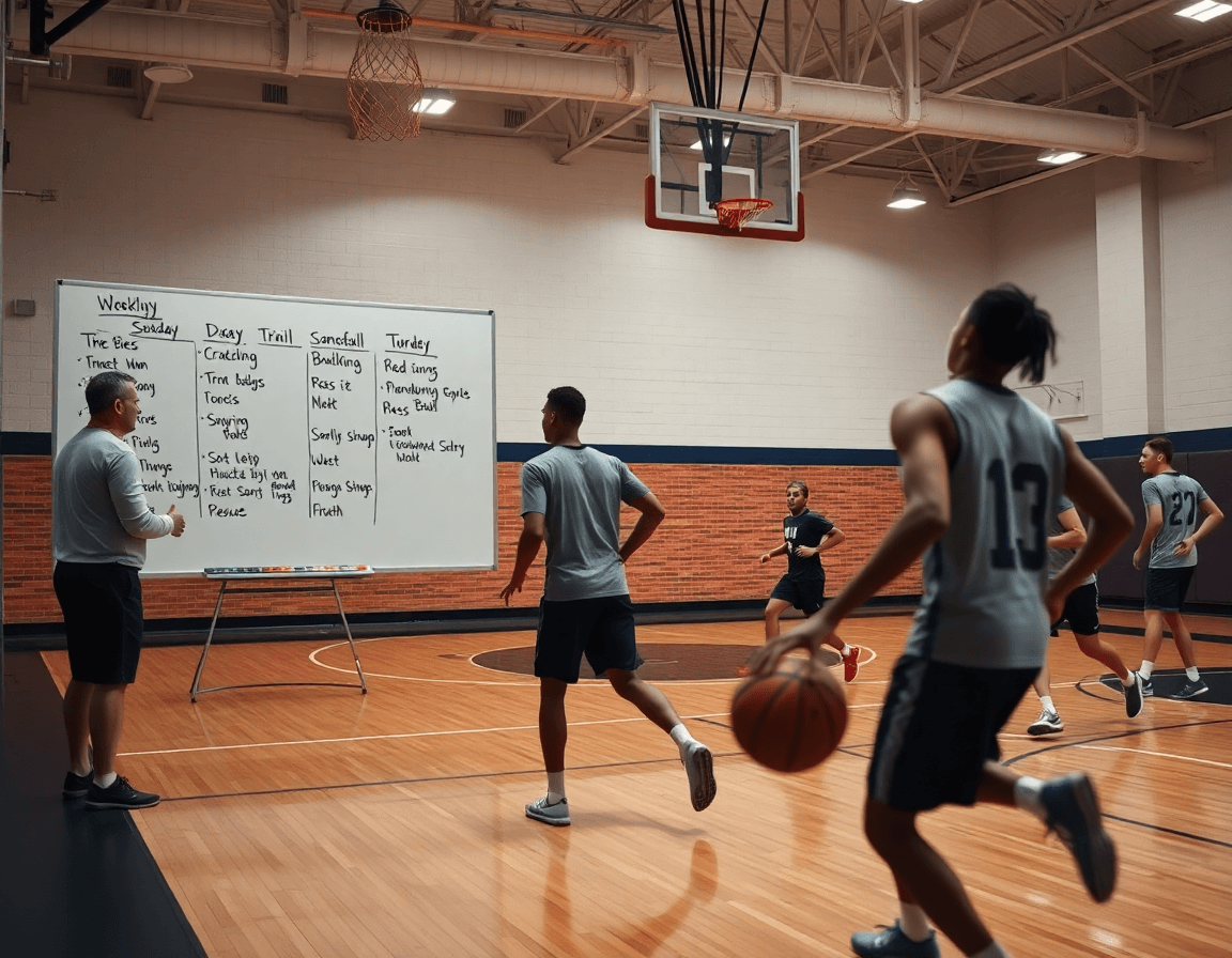Allenatore mostra lo schema basket flex e una settimana di lavoro di basket