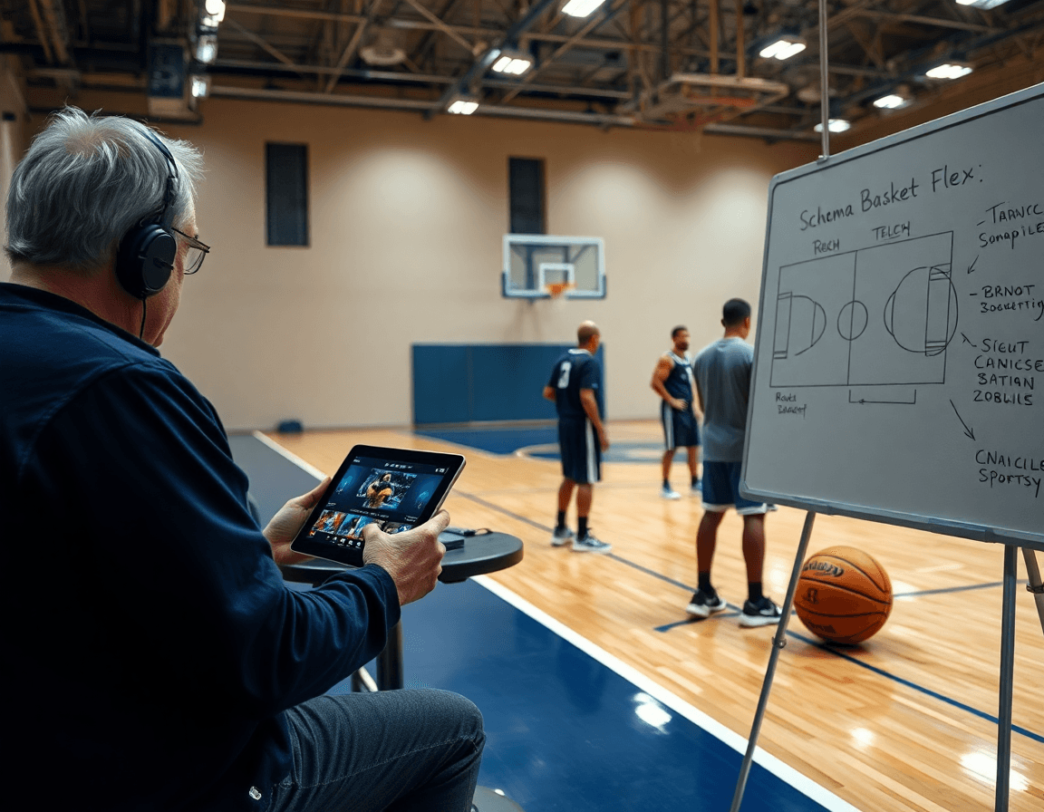 Una sessione di video review mostra diagrammi tattici e schema basket flex durante l'allenamento di basket
