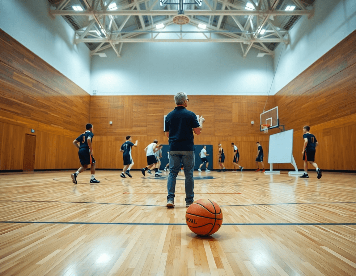 Coach e squadra di basket in palestra: un esercizio di schema basket flex messo a fuoco