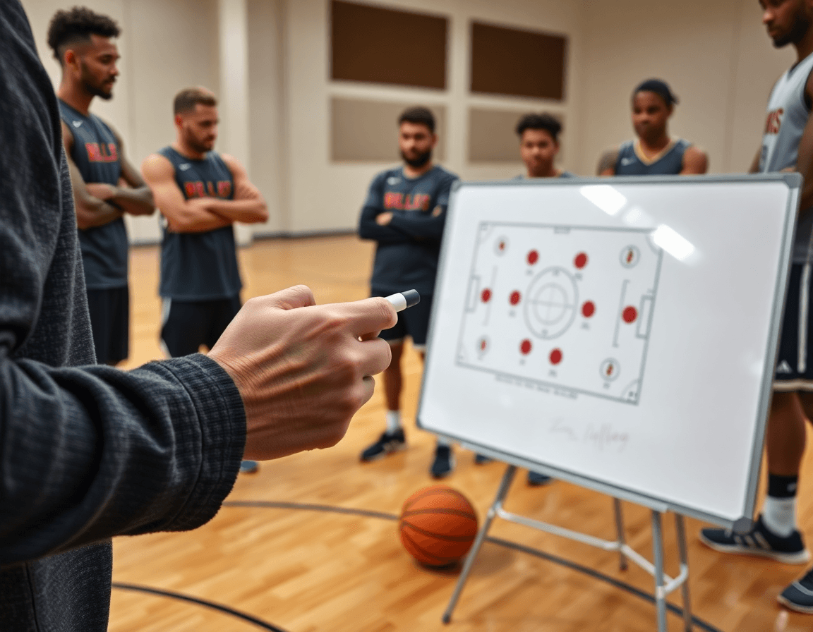 Dettaglio mani allenatore e lavagna tattica con schema basket in inglese durante l'allenamento di basketball.