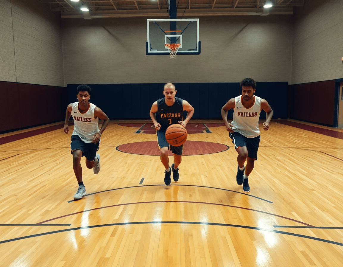 Tre giocatori eseguono una basketball drill; coach illustra schema basket in inglese durante l'allenamento.