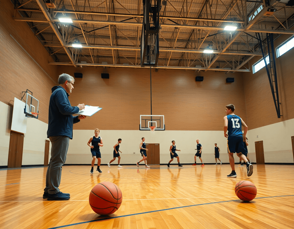 Scena ampia in palestra di basketball: coach mostra schema basket in inglese mentre la squadra pratica.