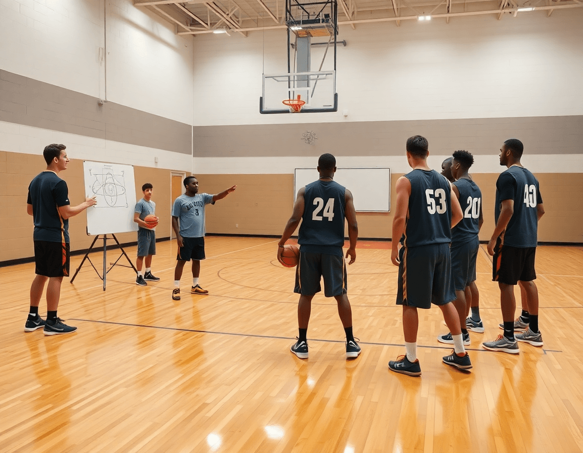 Il coach spiega lo schema basket pugno ai giocatori durante l'allenamento di basket.