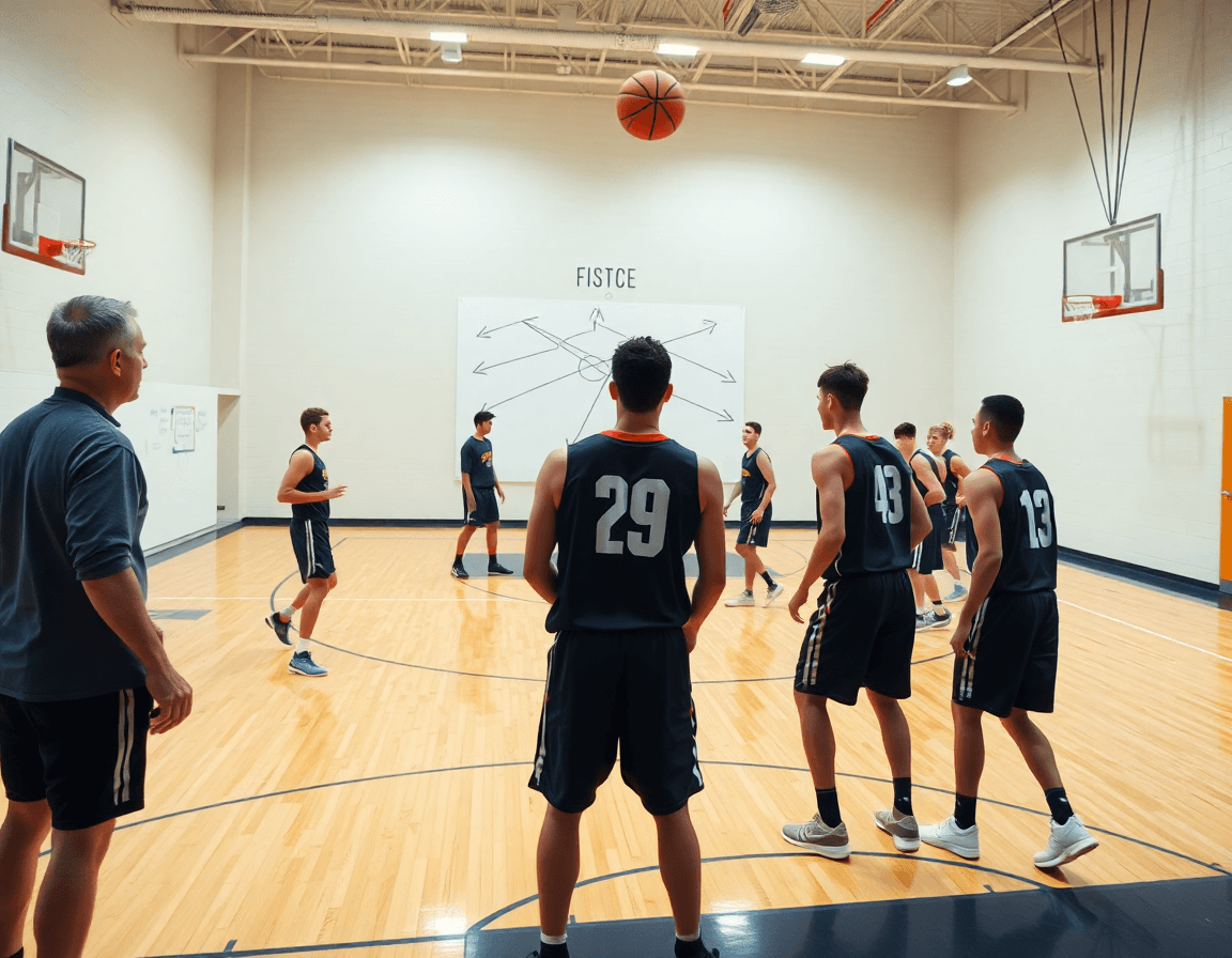 Giocatori osservano lo schema basket pugno disegnato sulla lavagna tattica dal coach.