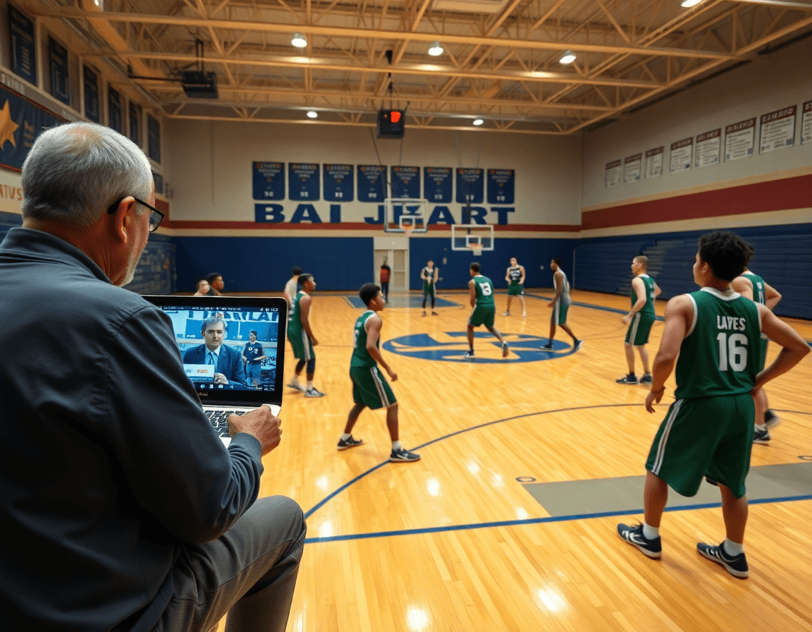 Allenatore e giocatori guardano clip di scouting sul laptop mentre la squadra di basket pratica lo schema basket pugno.