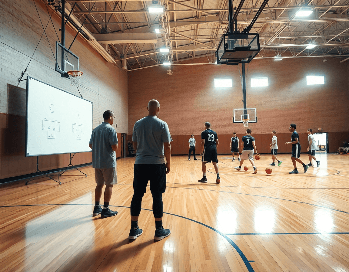 Scena ampia in palestra di basket: coach e squadra praticano lo schema basket pugno durante l'allenamento.