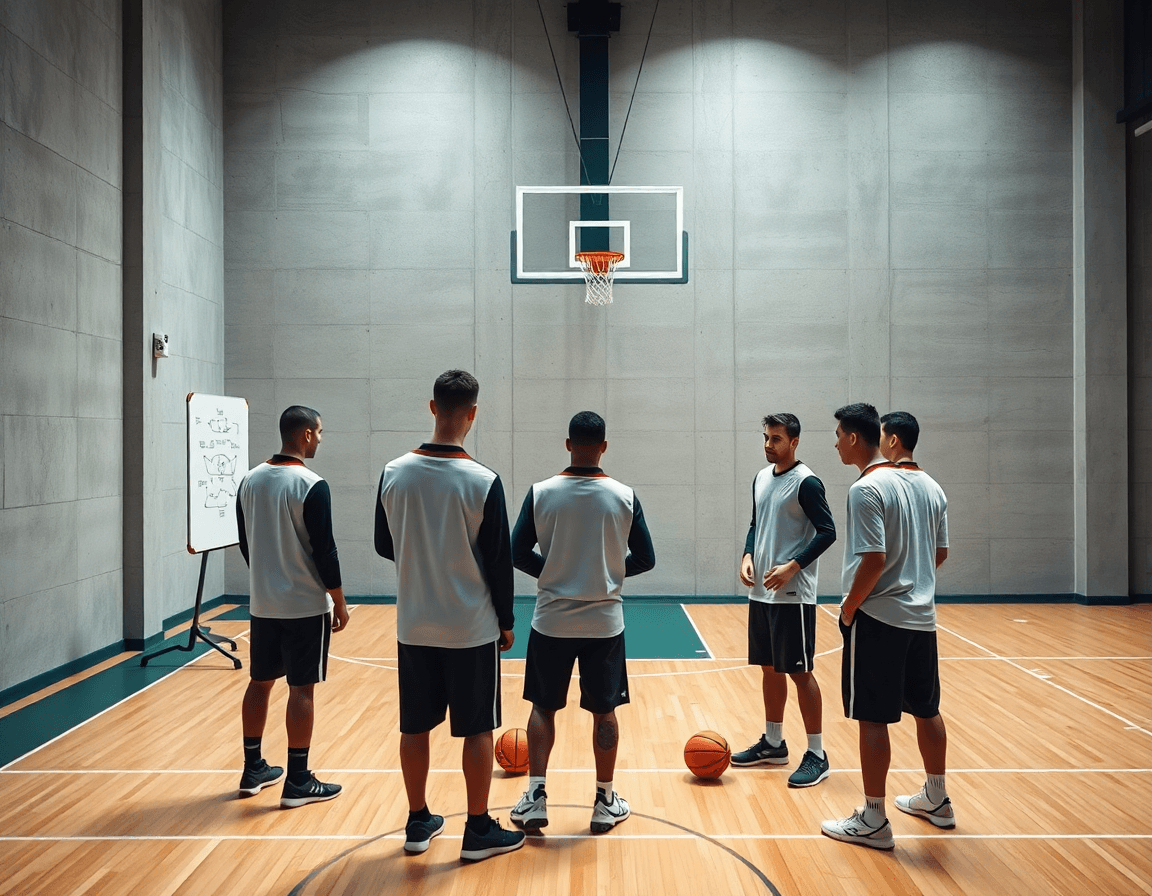 Schema basket ruoli: coach disegna movimenti sulla whiteboard mentre i giocatori osservano con palle arancioni.