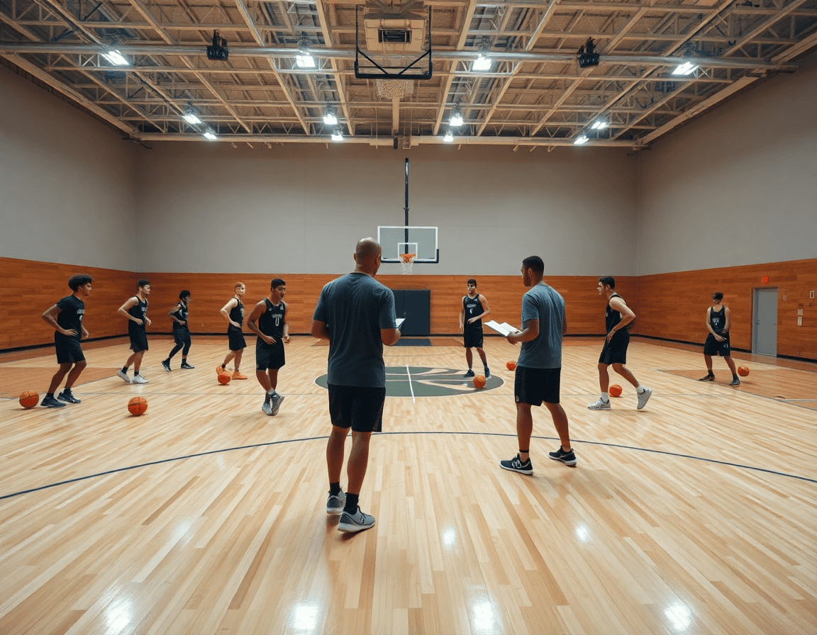 Esecuzione pratica del schema basket ruoli: i giocatori si muovono in campo seguendo le istruzioni del coach.