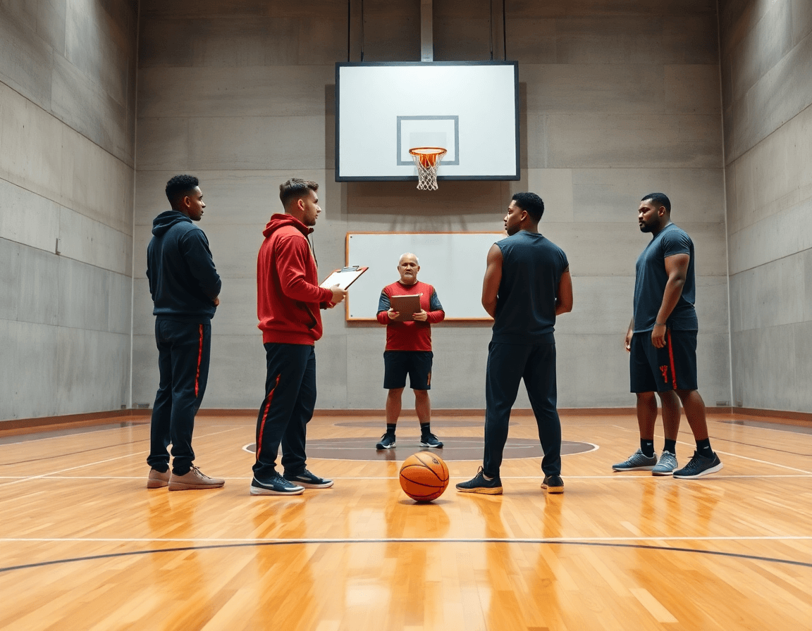 Schema basket ruoli: il coach guida i ruoli mentre la squadra lavora in palestra su campo da basket.
