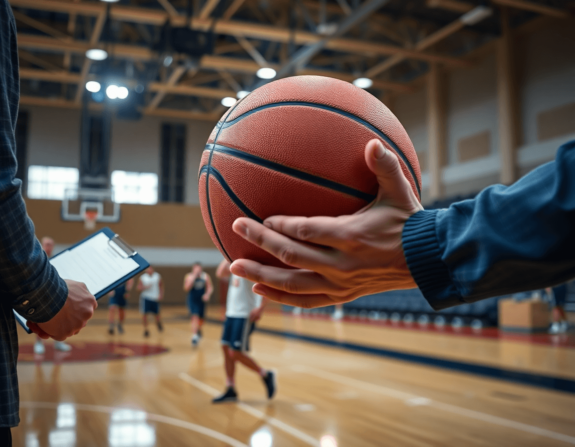 Il coach annota note mentre i giocatori guardano, schema basket doppio blocco progredisce durante la sessione.