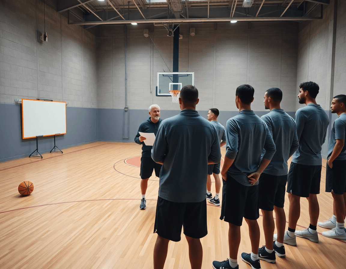 In palestra si vede lo schema basket doppio blocco tra coach e giocatori durante l'allenamento.