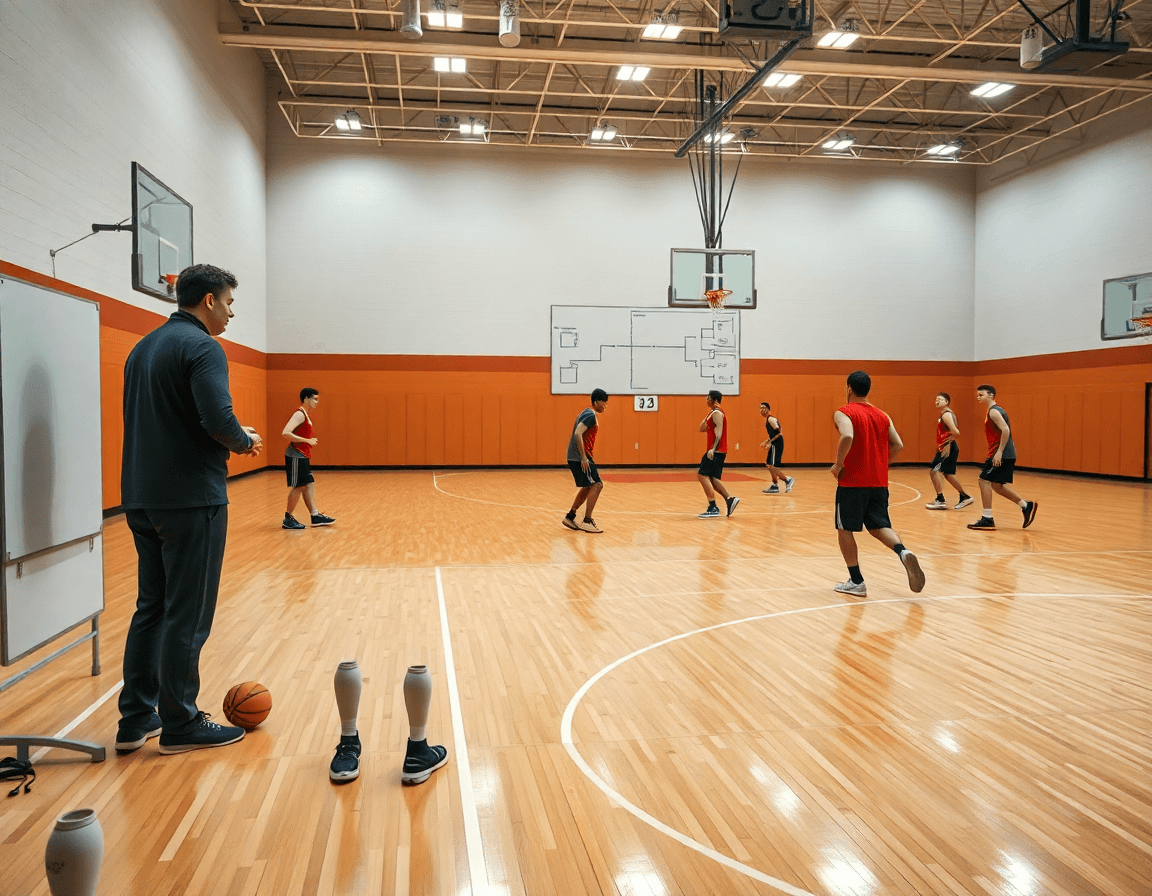 Wide gym scene showing schema for basketball at the Olympic Summer Games guiding practice.
