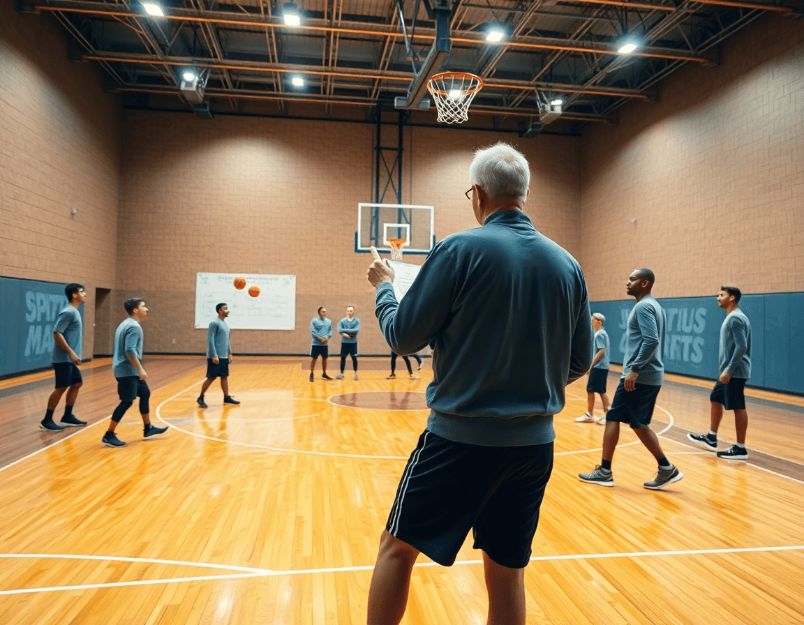 Scena ampia di basket in palestra, allenatore e squadra lavorano sugli schemi allenamento basket sulla lavagna tattica.