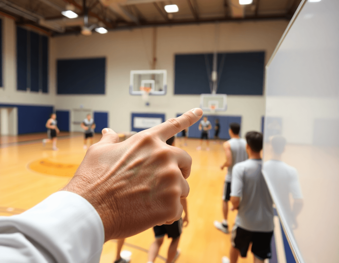 Coach guida una sessione di basket, tavola tattica vicino al campo, schemi attacco basket pdf presenti.