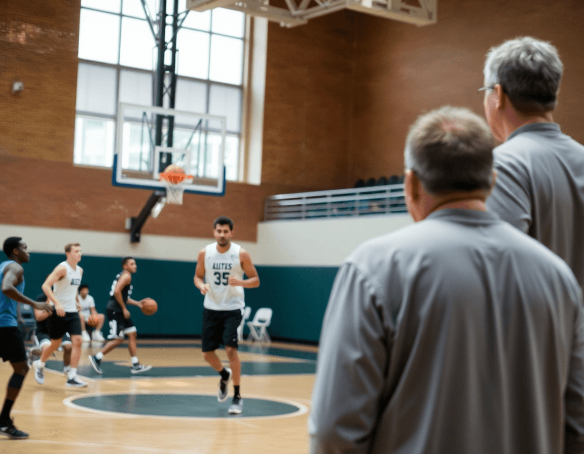 Giocatori eseguono una mossa sul campo, coach che osserva, schemi attacco basket pdf consultati.