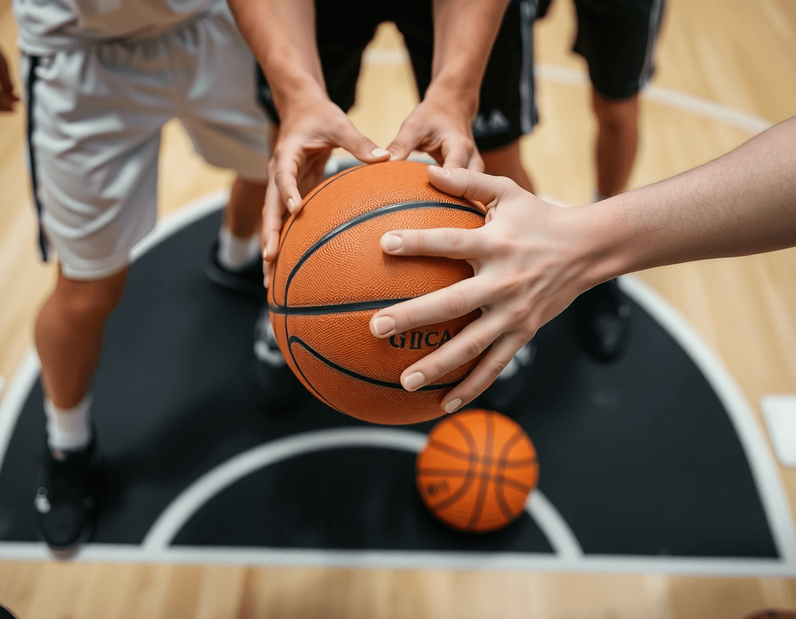 Pausa tra azioni: giocatori consultano schemi attacco basket pdf mentre preparano il tiro.
