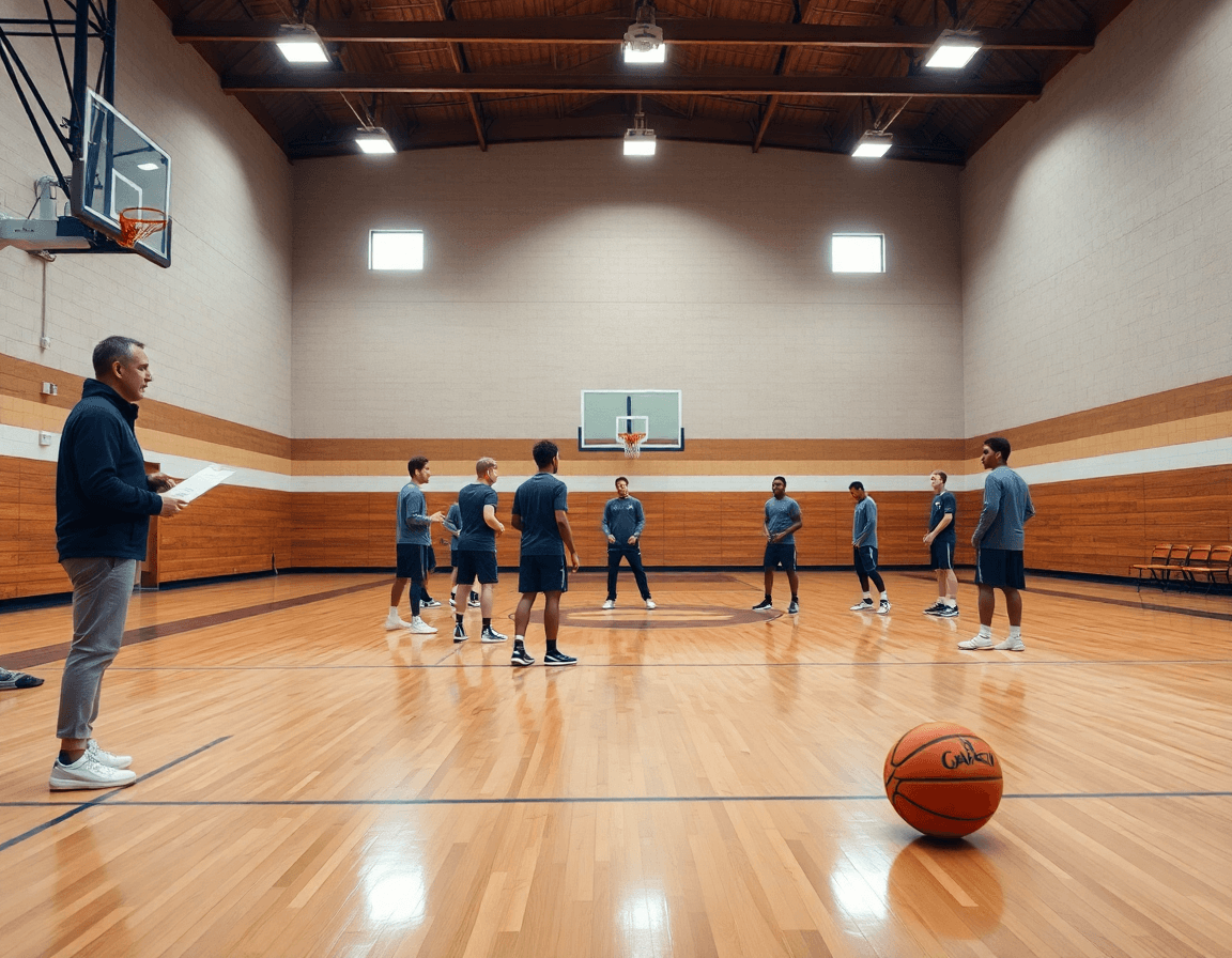 Scena panoramica di una palestra di basket durante l'allenamento, con focus su schemi attacco basket pdf