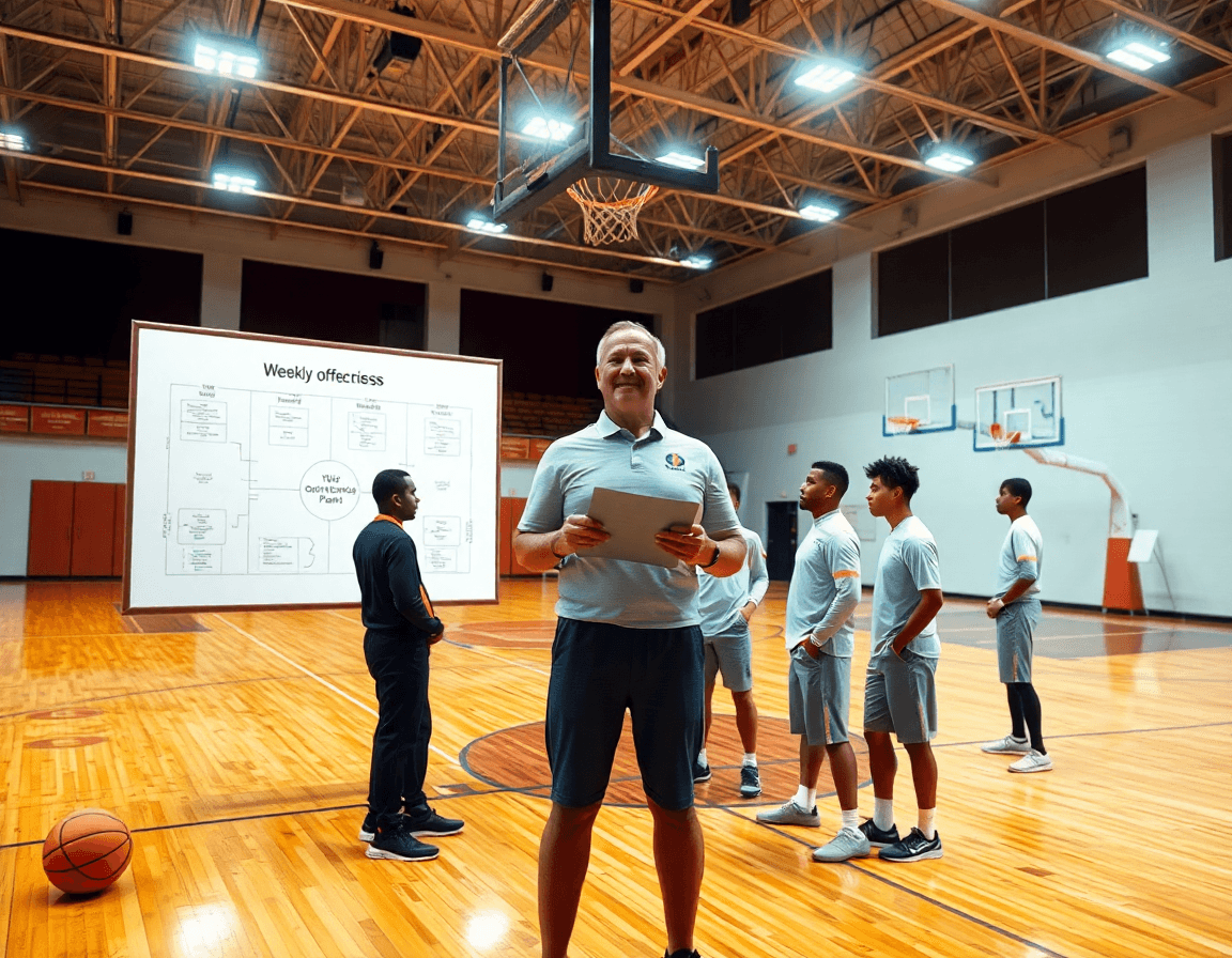 Allenatore dirige i schemi attacco basket in palestra durante una pratica.