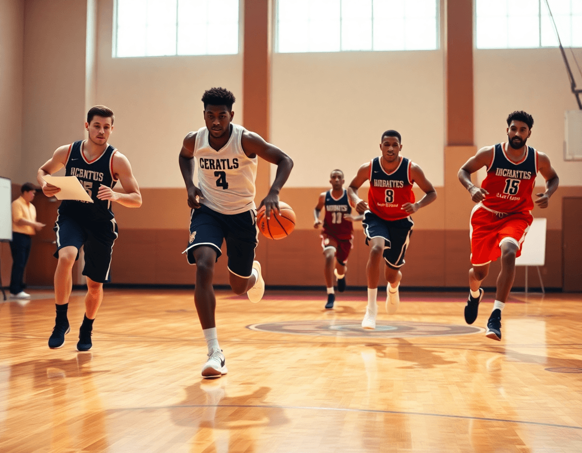 Due ali e guardia eseguono i schemi attacco basket vicino al tiro libero durante riscaldamento.