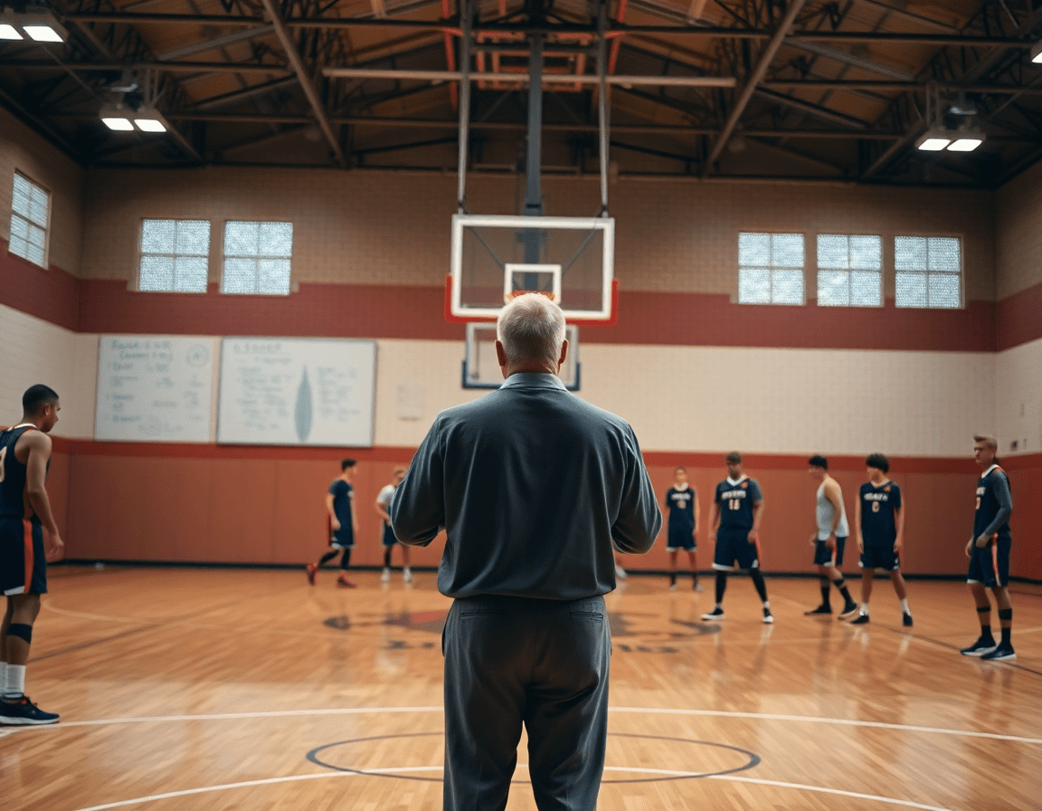 Allenatore dirige i schemi attacco basket in palestra durante una pratica di squadra.
