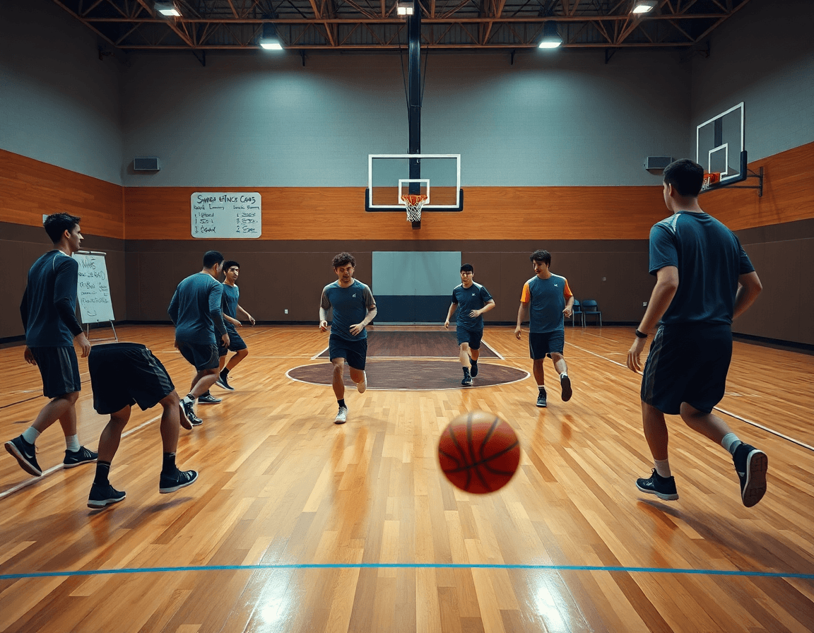 Breve scena di allenamento di basket in palestra, pallone arancione che rimbalza mentre l'allenatore indica i movimenti.